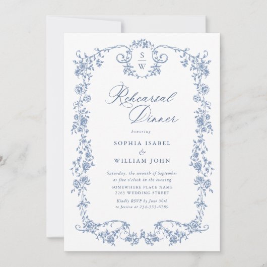 Elegant Blauw Frans Rozen Toile Repetitie Diner Kaart (Voorkant)
