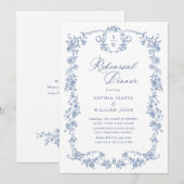 Elegant Blauw Frans Rozen Toile Repetitie Diner Kaart (Voorkant / Achterkant)