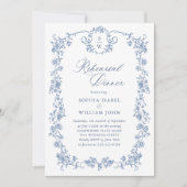 Elegant Blauw Frans Rozen Toile Repetitie Diner Kaart (Voorkant)