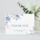 Elegant Blauw Frans Rozen Tuin Bloemen Bruiloft Bedankkaart (Staand voorkant)