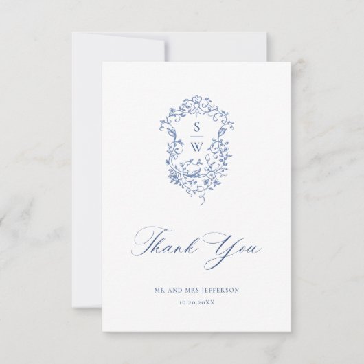 Elegant Blauw Frans Rozen Tuin Bloemen Bruiloft Bedankkaart (Voorkant)