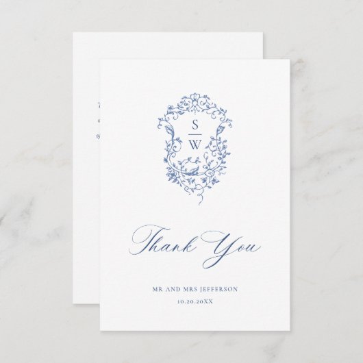 Elegant Blauw Frans Rozen Tuin Bloemen Bruiloft Bedankkaart (Voorkant / Achterkant)