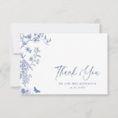 Elegant Blauw Frans Rozen Tuin Bloemen Bruiloft Bedankkaart (Voorkant)