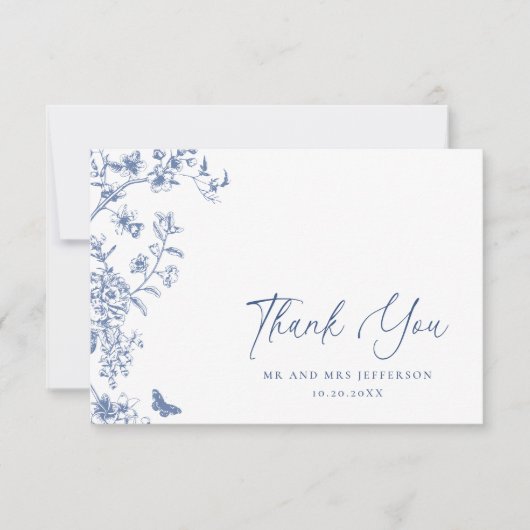 Elegant Blauw Frans Rozen Tuin Bloemen Bruiloft Bedankkaart (Voorkant)