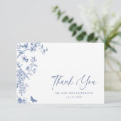 Elegant Blauw Frans Rozen Tuin Bloemen Bruiloft Bedankkaart (Staand voorkant)