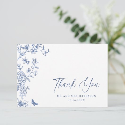 Elegant Blauw Frans Rozen Tuin Bloemen Bruiloft Bedankkaart (Staand voorkant)