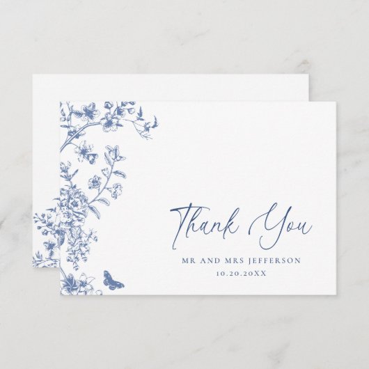 Elegant Blauw Frans Rozen Tuin Bloemen Bruiloft Bedankkaart (Voorkant / Achterkant)