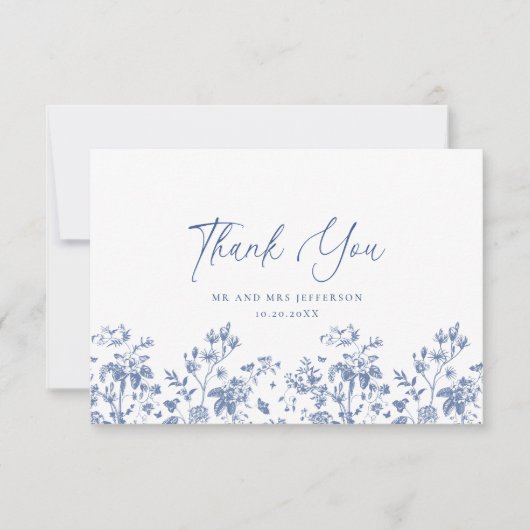 Elegant Blauw Frans Rozen Tuin Bloemen Bruiloft Bedankkaart (Voorkant)