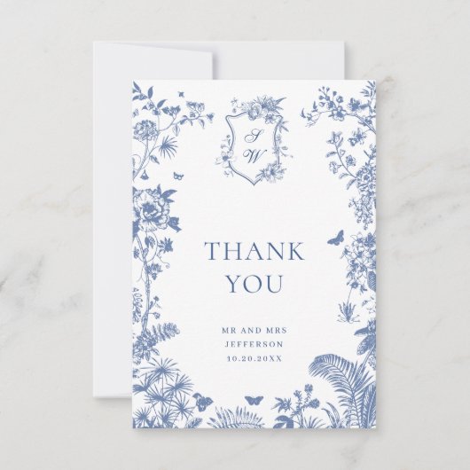 Elegant Blauw Frans Rozen Tuin Bloemen Bruiloft Bedankkaart (Voorkant)