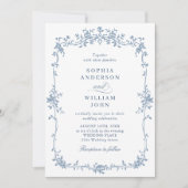 Elegant Blauw Frans Rozen Tuin Bruiloft QR-code Kaart (Voorkant)