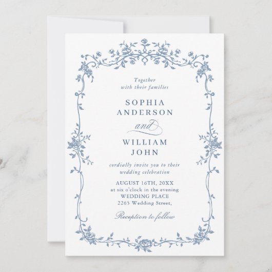 Elegant Blauw Frans Rozen Tuin Bruiloft QR-code Kaart (Voorkant)