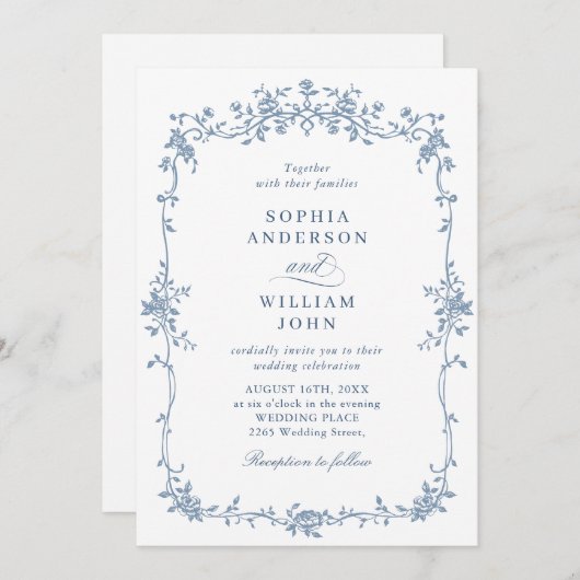 Elegant Blauw Frans Rozen Tuin Bruiloft QR-code Kaart (Voorkant / Achterkant)