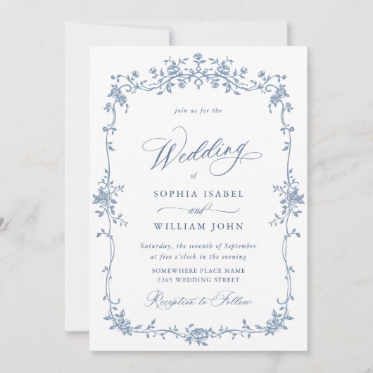 Elegant Blauw Frans Rozen Tuin Bruiloft QR-code Kaart (Voorkant)