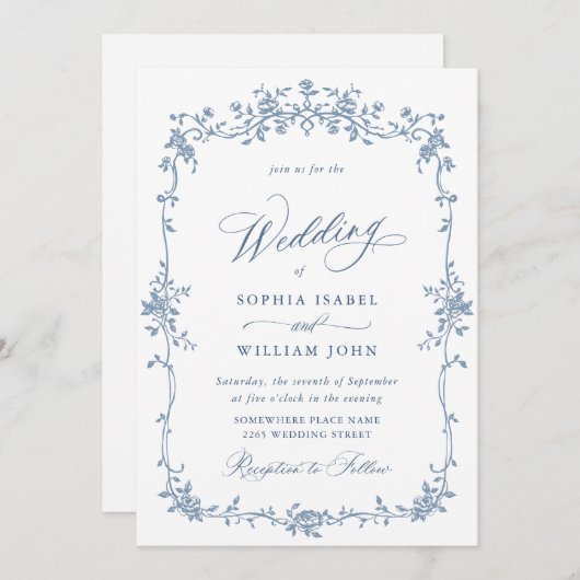 Elegant Blauw Frans Rozen Tuin Bruiloft QR-code Kaart (Voorkant / Achterkant)