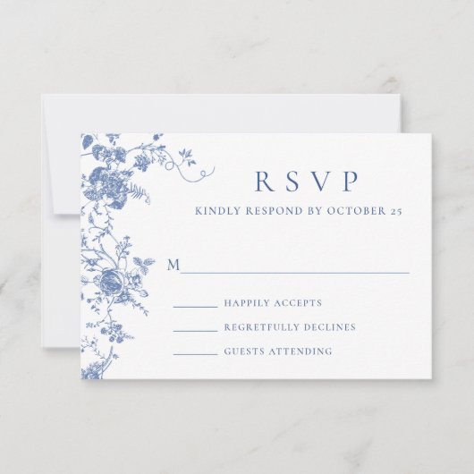 Elegant Blauw Frans Rozen Tuin Toile Bruiloft RSVP Kaartje (Voorkant)