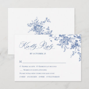 Elegant Blauw Frans Rozen Tuin Toile Bruiloft RSVP Kaartje