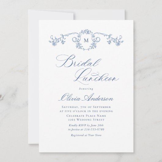 Elegant Blauw Frans Tegeltuin BRIDAL LUNCHEON Kaart (Voorkant)