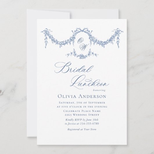 Elegant Blauw Frans Tegeltuin BRIDAL LUNCHEON Kaart (Voorkant)