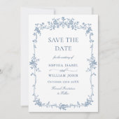 Elegant Blauw Frans Toile Bloemen Bruiloft QR code Save The Date (Voorkant)