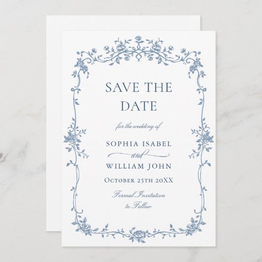 Elegant Blauw Frans Toile Bloemen Bruiloft QR code Save The Date (Voorkant / Achterkant)