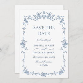 Elegant Blauw Frans Toile Bloemen Bruiloft QR code Save The Date