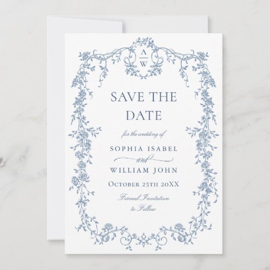 Elegant Blauw Frans Toile Bloemen Bruiloft QR code Save The Date (Voorkant)