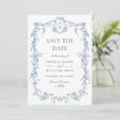 Elegant Blauw Frans Toile Bloemen Bruiloft QR code Save The Date (Staand voorkant)
