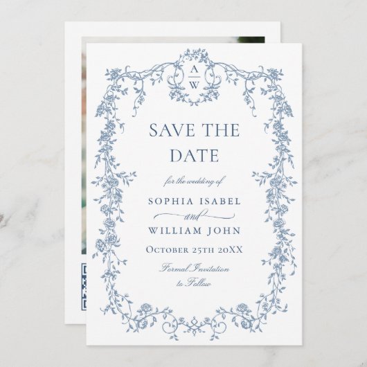 Elegant Blauw Frans Toile Bloemen Bruiloft QR code Save The Date (Voorkant / Achterkant)