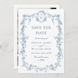 Elegant Blauw Frans Toile Bloemen Bruiloft QR code Save The Date