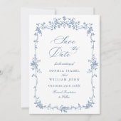 Elegant Blauw Frans Toile Bloemen Bruiloft QR code Save The Date (Voorkant)
