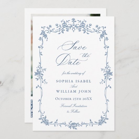 Elegant Blauw Frans Toile Bloemen Bruiloft QR code Save The Date (Voorkant / Achterkant)