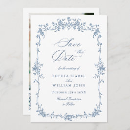 Elegant Blauw Frans Toile Bloemen Bruiloft QR code Save The Date