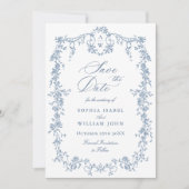 Elegant Blauw Frans Toile Bloemen Bruiloft QR code Save The Date (Voorkant)