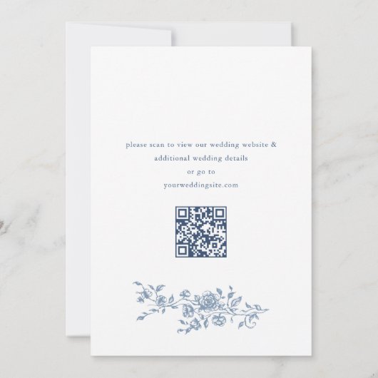 Elegant Blauw Frans Toile Bloemen Bruiloft QR code Save The Date (Achterkant)