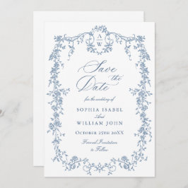 Elegant Blauw Frans Toile Bloemen Bruiloft QR code Save The Date