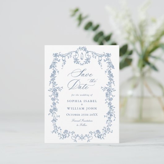 Elegant Blauw Frans Toile Bruiloft Save the Date Briefkaart (Staand voorkant)