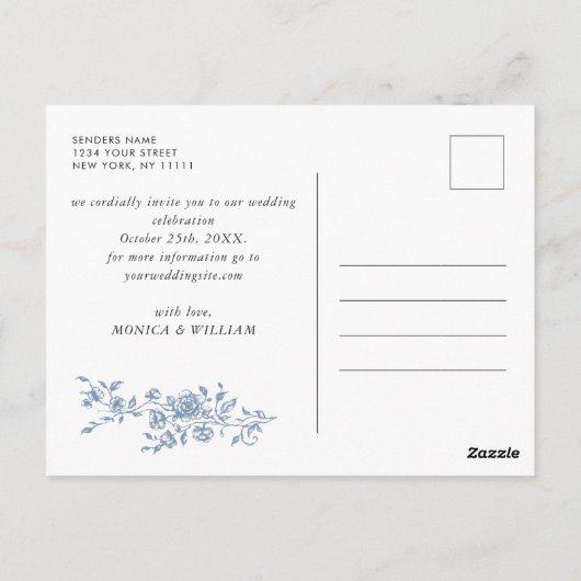 Elegant Blauw Frans Toile Bruiloft Save the Date Briefkaart (Achterkant)
