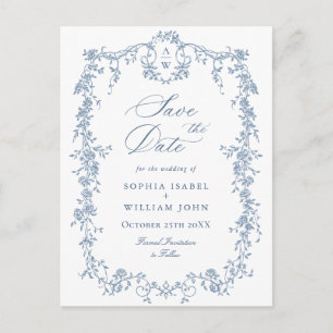 Elegant Blauw Frans Toile Bruiloft Save the Date Briefkaart