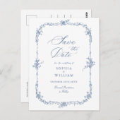 Elegant Blauw Frans Toile Bruiloft Save the Date Briefkaart (Voorkant / Achterkant)