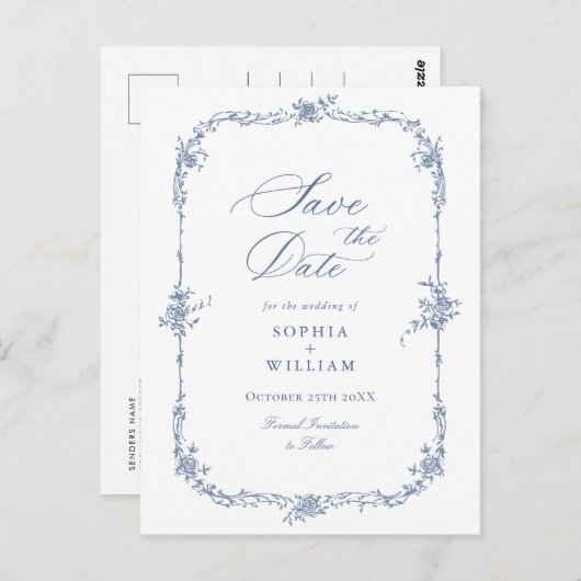 Elegant Blauw Frans Toile Bruiloft Save the Date Briefkaart (Voorkant / Achterkant)