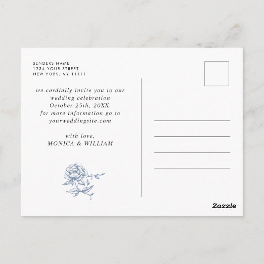 Elegant Blauw Frans Toile Bruiloft Save the Date Briefkaart (Achterkant)