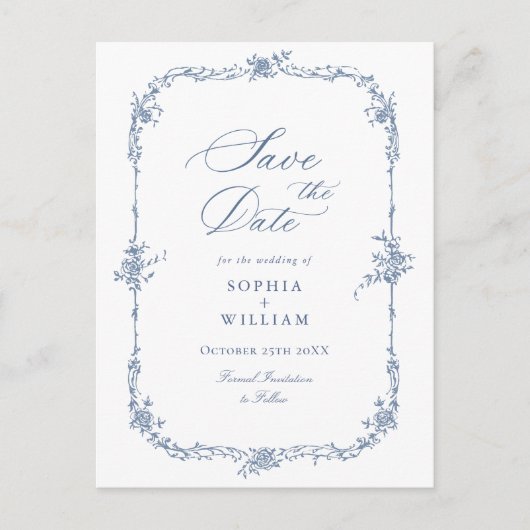 Elegant Blauw Frans Toile Bruiloft Save the Date Briefkaart (Voorkant)