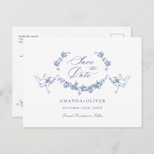 Elegant Blauw Frans Toile Bruiloft Save the Date Briefkaart (Voorkant / Achterkant)