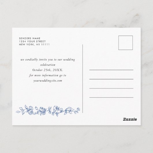 Elegant Blauw Frans Toile Bruiloft Save the Date Briefkaart (Achterkant)