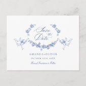 Elegant Blauw Frans Toile Bruiloft Save the Date Briefkaart (Voorkant)