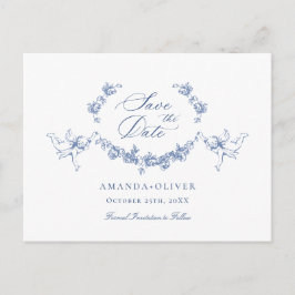 Elegant Blauw Frans Toile Bruiloft Save the Date Briefkaart