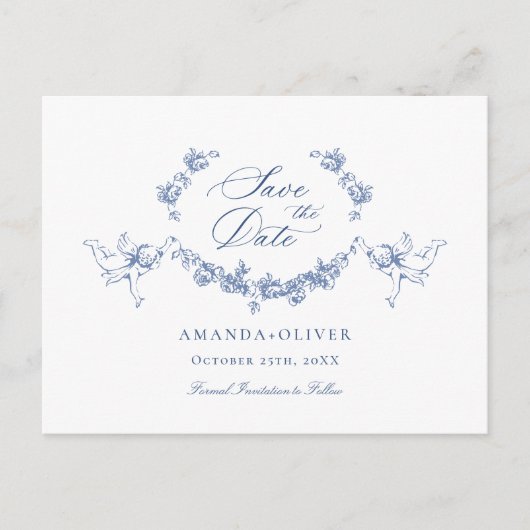 Elegant Blauw Frans Toile Bruiloft Save the Date Briefkaart (Voorkant)