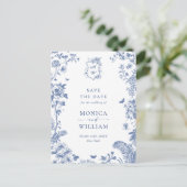 Elegant Blauw Frans Toile Bruiloft Save the Date Briefkaart (Staand voorkant)