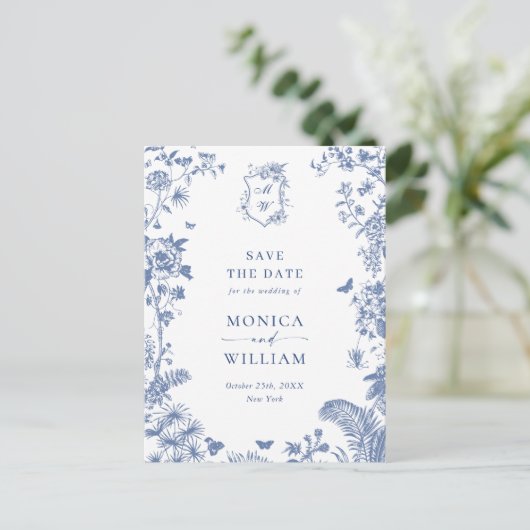 Elegant Blauw Frans Toile Bruiloft Save the Date Briefkaart (Staand voorkant)