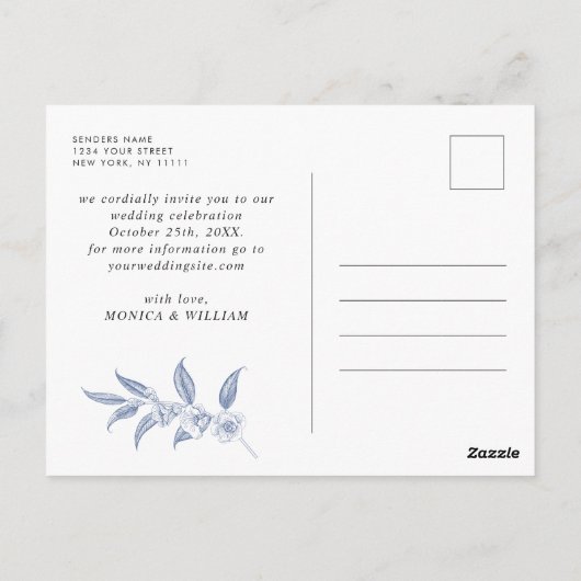 Elegant Blauw Frans Toile Bruiloft Save the Date Briefkaart (Achterkant)